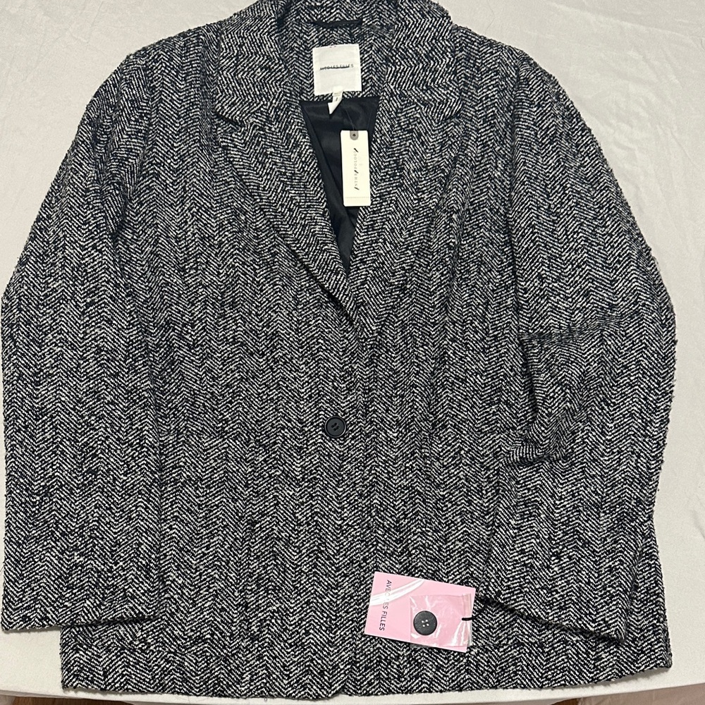 Anthropologie Black and White Herringbone Blazer